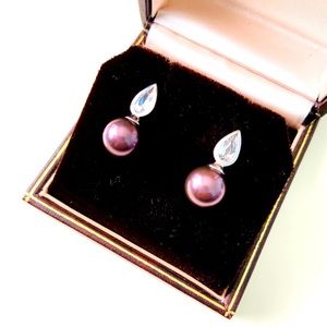 CULTURED Purple Pearls Cubic Zirconia 925 Sterling Silver Stud Earrings 1”